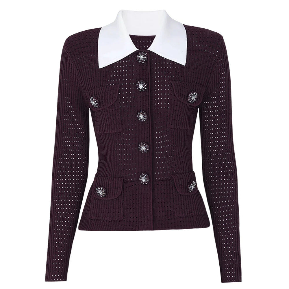 Dark purple knit cardigan with white collar and decorative buttons on a white background