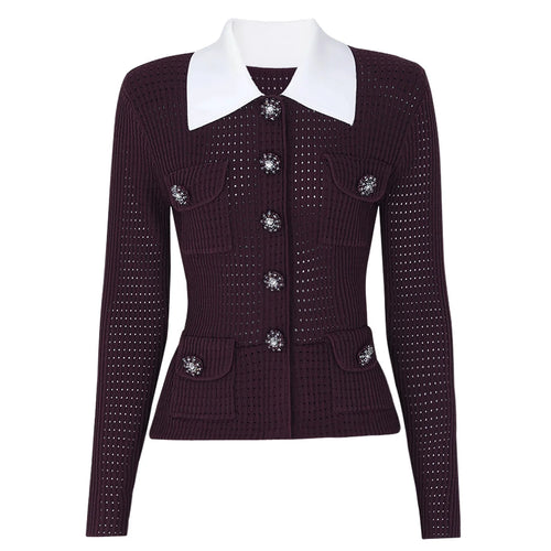 Dark purple knit cardigan with white collar and decorative buttons on a white background