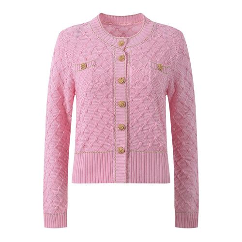 Pink cardigan with gold buttons on a white background