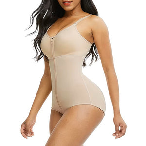 Woman wearing a beige shapewear bodysuit on a white background
