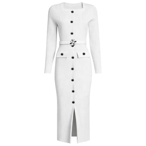 Robe pull femme élégante d'automne 2025, à manches longues, avec boutons en strass, ceinture et jupe