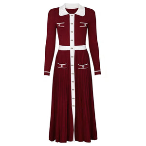 Maroon dress with white collar and buttons on a white background