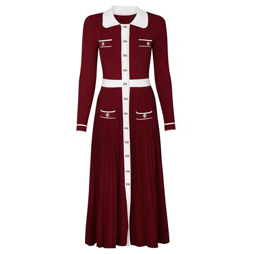 Maroon dress with white collar and buttons on a white background