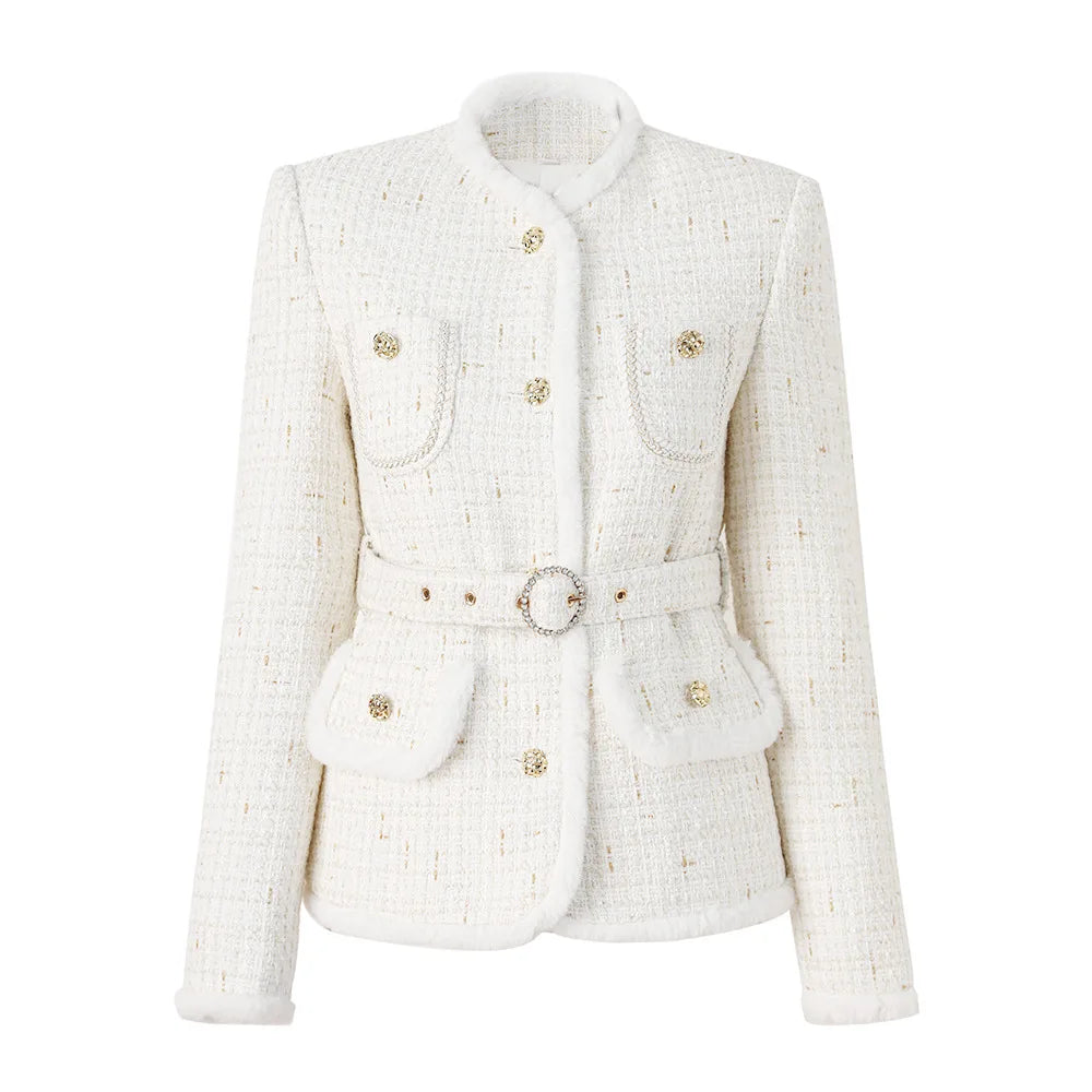 White tweed jacket with gold buttons on a white background