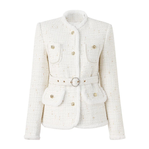 White tweed jacket with gold buttons on a white background