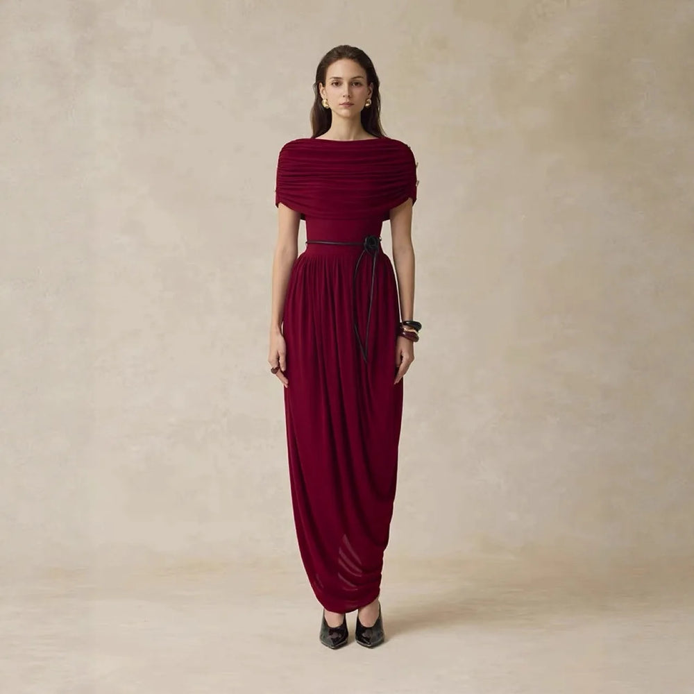 Autumn New Design Elegant Casual Party Dresses Retro Style Wine Red Solid Draped Midi Dress for Women