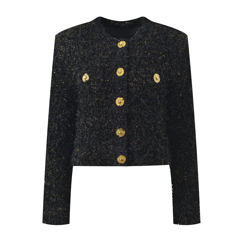 Black textured jacket with gold buttons on a white background