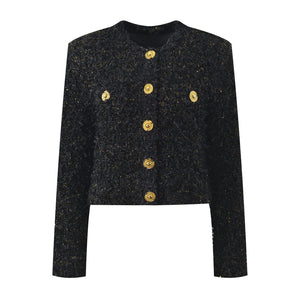 Black textured jacket with gold buttons on a white background