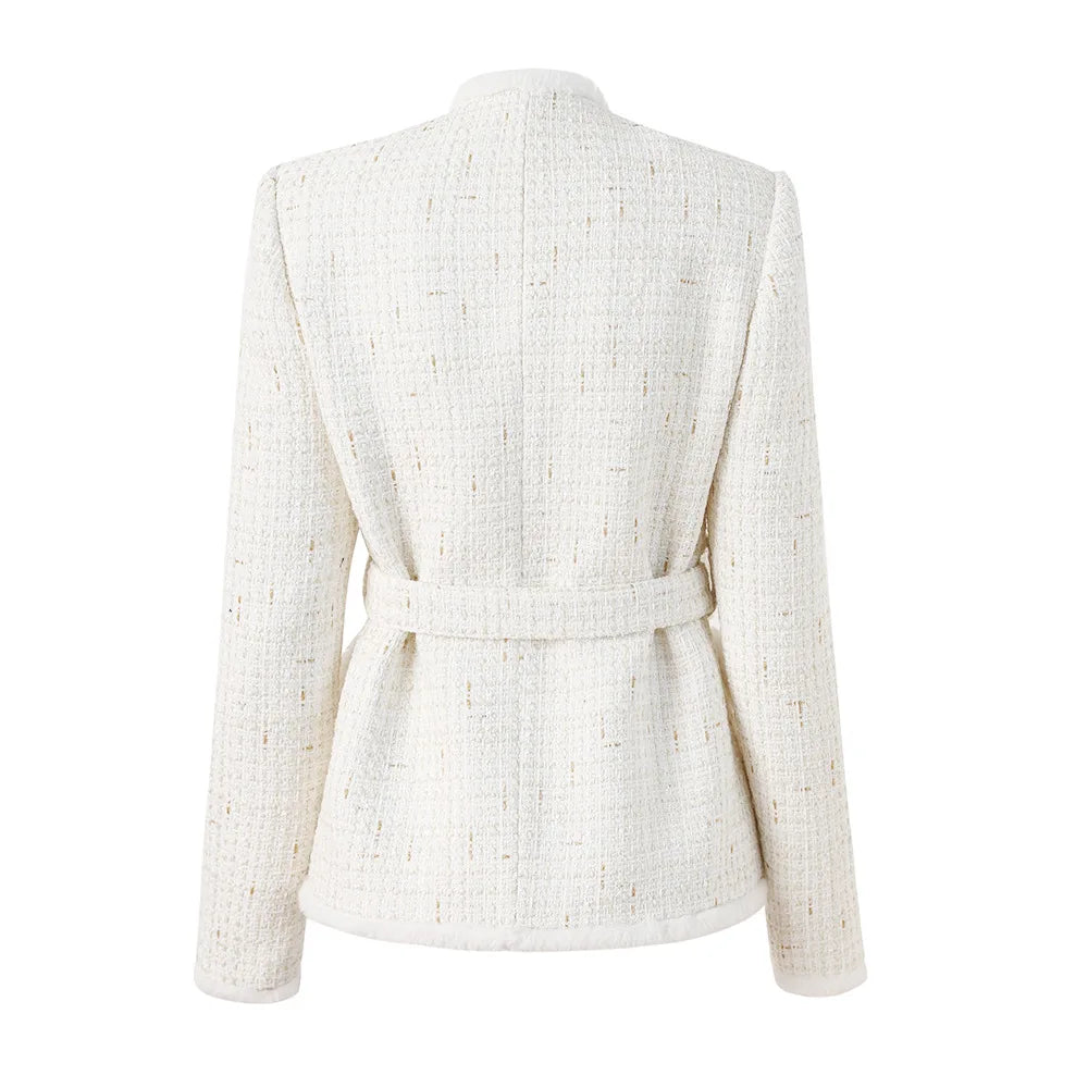 White tweed jacket with gold buttons on a white background
