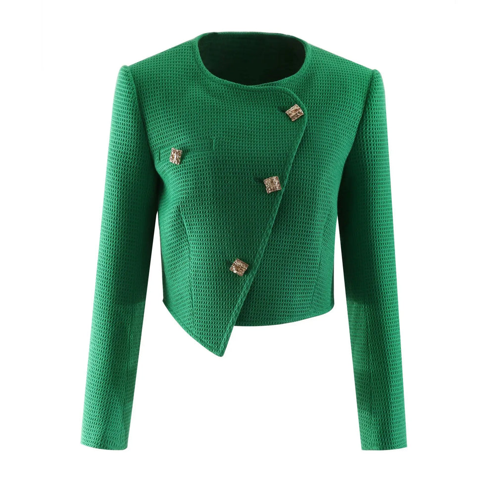 Green textured jacket with button details on a white background
