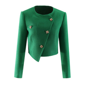 Green textured jacket with button details on a white background