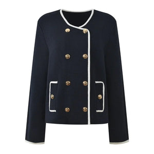 Navy blue jacket with white trim and gold buttons on a white background