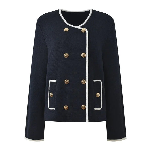 Navy blue jacket with white trim and gold buttons on a white background