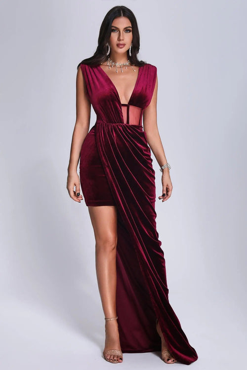 BEISHI Custom Clothing Manufacturer Wine Red Sexy Deep V Neck Sleeveless Evening Luxury Prom Velvet Maxi Women Dress Elegant Winteres
