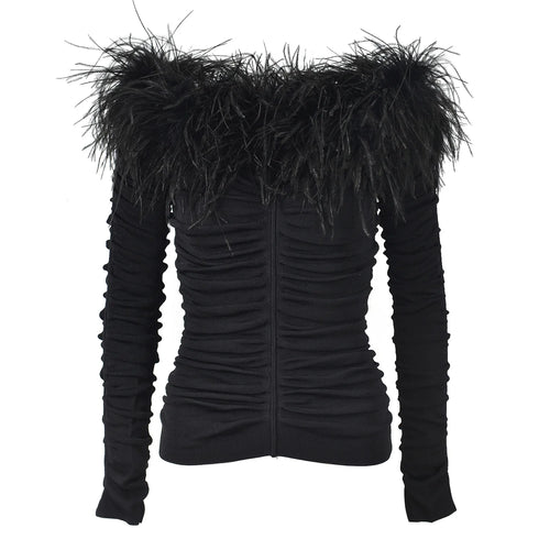 Black off-shoulder top with feathered trim on a white background