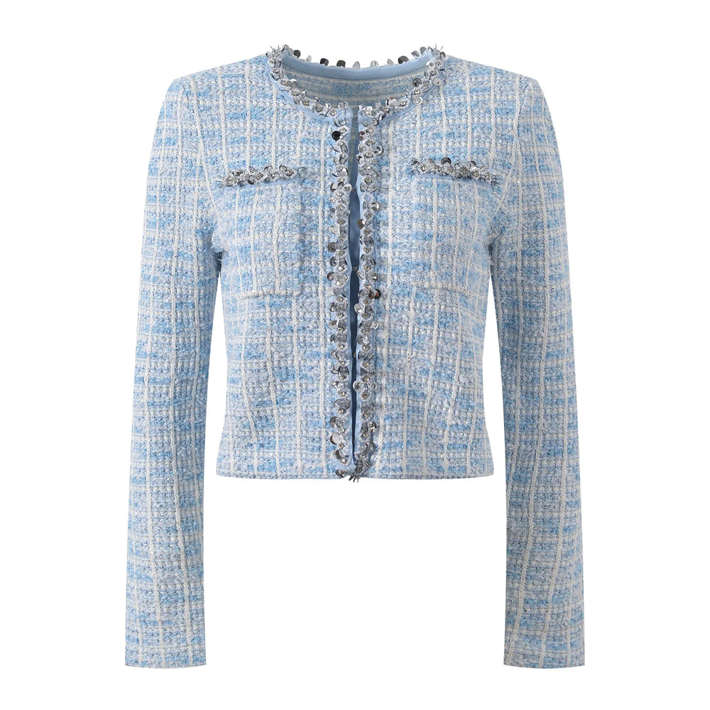 Light blue tweed jacket with decorative buttons on a white background
