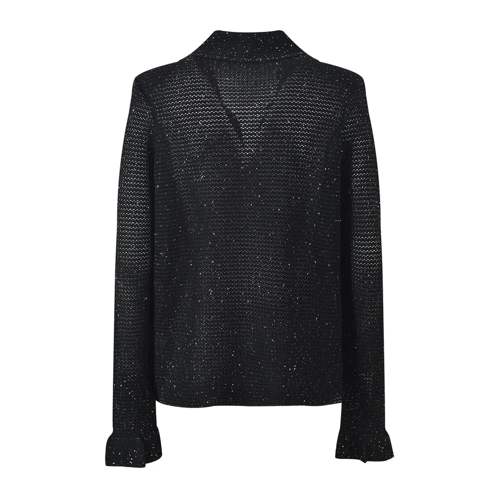 Black textured jacket with gold buttons on a white background