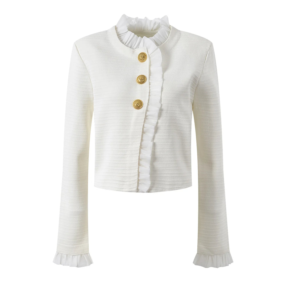 White ribbed sweater with gold buttons on a white background
