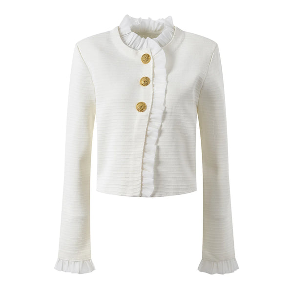 White ribbed sweater with gold buttons on a white background