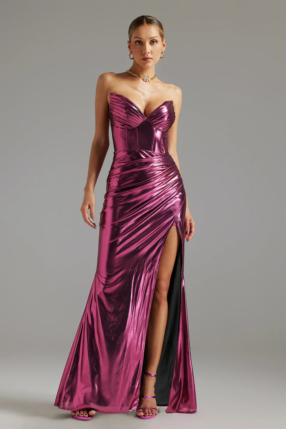 Bella Barnett Strapless Laser Slit Maxi Dress Pink Ladies Women Sexy Elegant Bodycon Birthday Party Cocktail Dresses Winteres