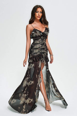 Bella Barnett Oem Custom Women Sexy Mesh Print Long Mesh Maxi Dress Ladies Elegant Winteres