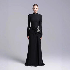 Wholesale New High Neck Long Sleeve Regular Fit Floor-Length Casual Sequined Solid Dress XL in elegant black.