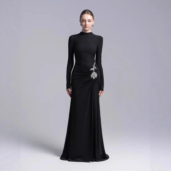 Wholesale New High Neck Long Sleeve Regular Fit Floor-Length Casual Sequined Solid Dress XL in elegant black.