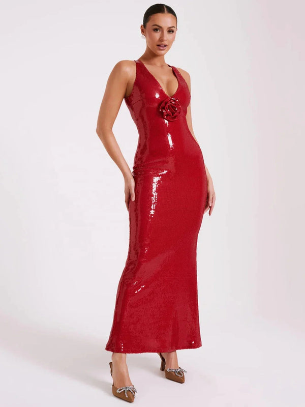 2024 Summer Women'S Dress Black Luxury Sequins Tight Sexy V-Neck Sleeveless Backless Catwalk Party Long Gowns With 3d Flower Winteres