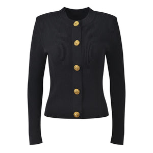 Black ribbed sweater with gold buttons on a white background