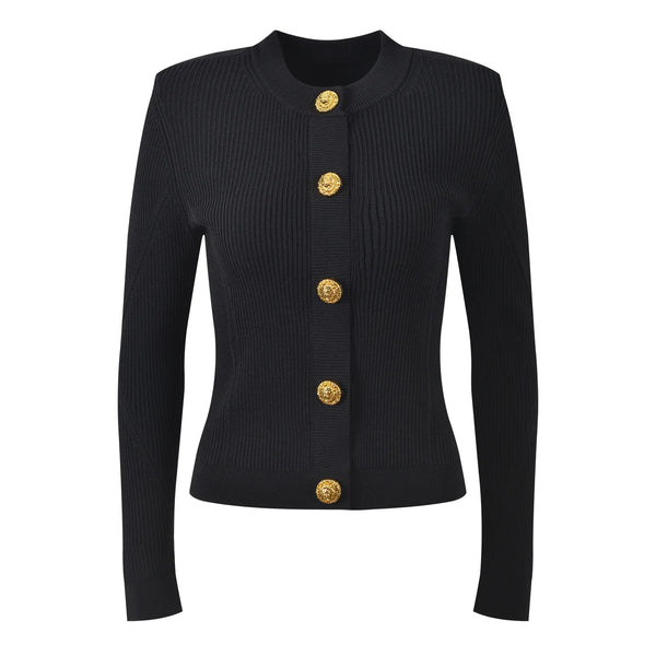 Black ribbed sweater with gold buttons on a white background