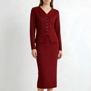 Red suit with a jacket and skirt on a white background