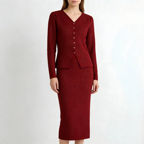 Red suit with a jacket and skirt on a white background