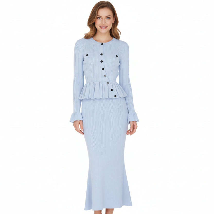 Sleek Knit Skirt Suit – Light-Blue Skirt Set – Winteres