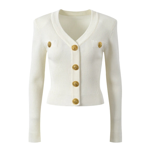 White ribbed knit cardigan with gold buttons on a white background