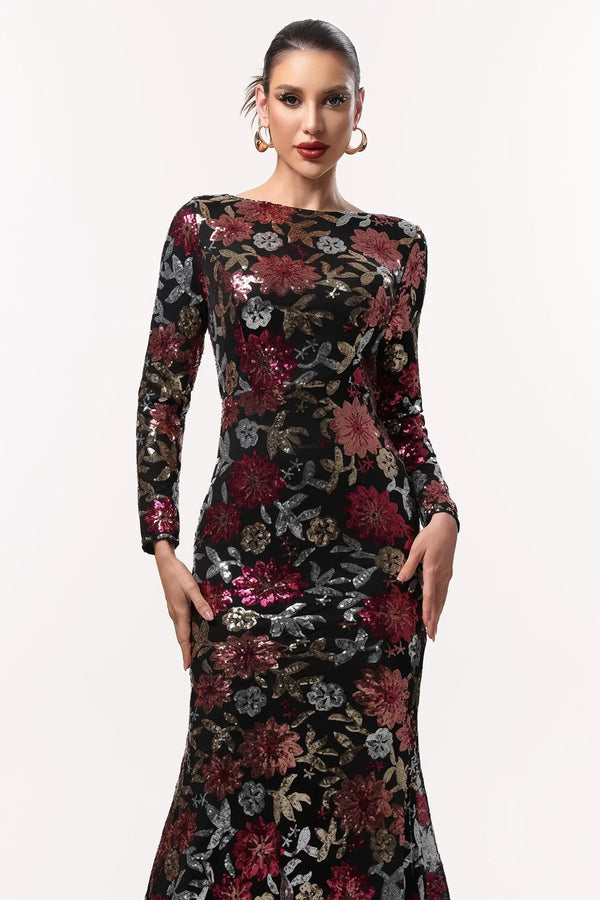 Women Chic IMaoma Elegant Lustrous Long Sleeve Floral Woven Maxi D Ladies Bodycon Occassion Birthday Cocktail Prom Party Dresses