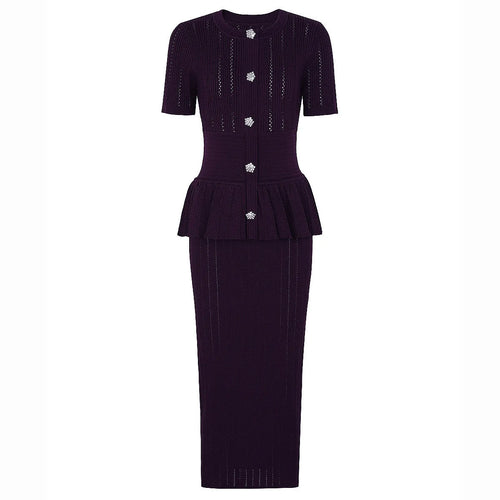 Dark purple dress with peplum waist on a white background