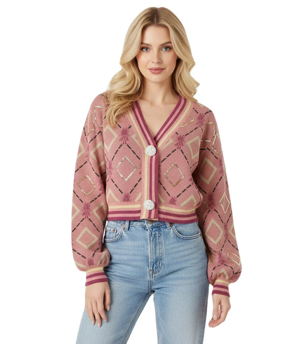 Puff-Sleeve Jacquard Sequin Snap Cardigan Winteres