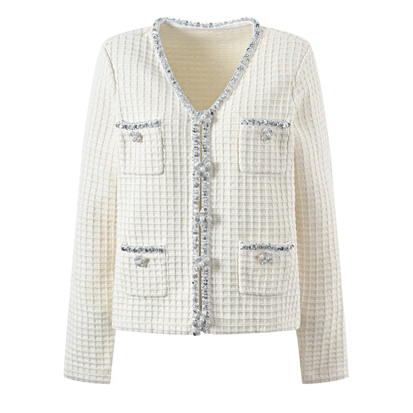 Cardigan décontracté d'hiver automne 2025 pour femmes, pull tricoté avec col en V, manches longues, strass et simple boutonnage.