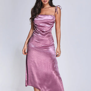 New Arrival Spaghetti Strap Purple Loose Asymmetrical Maxi Dress Satin Silk Women Winteres