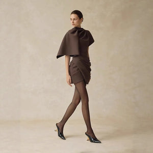 New Design Premium High Quality Solid Casual Women's Autumn Brown Woven Pleated Mini Dress with Shawl Collar Pencil Silhouette