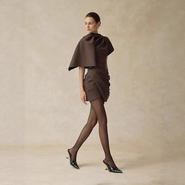 New Design Premium High Quality Solid Casual Women's Autumn Brown Woven Pleated Mini Dress with Shawl Collar Pencil Silhouette