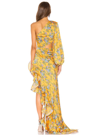 Ladies One-Shoulder Floral Print Ball Gown Casual Style Maxi Length Waist Cut-out Irregular Hem Strapless Neckline Bow Winteres