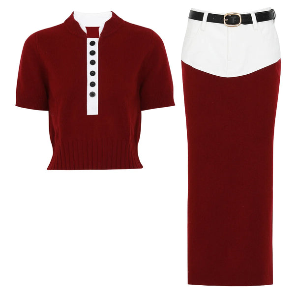 Red and white outfit with a shirt and skirt on a white background