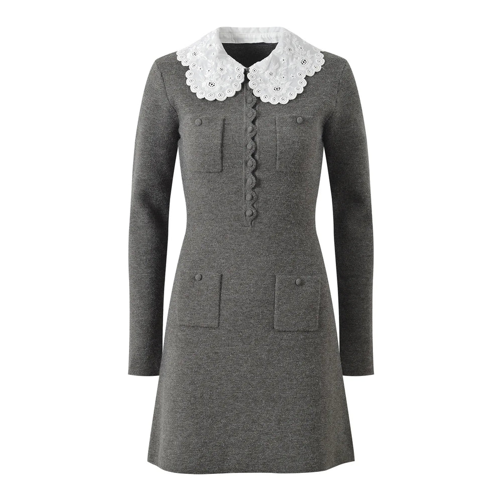 Gray dress with white lace collar on a white background