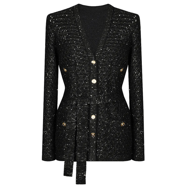 Black sequin dress with gold buttons on a white background