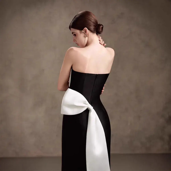 Off-the-Shoulder Sleeveless Midi Dress Mermaid-Trumpet Silhouette Natural Waist Big Bow Decoration back view