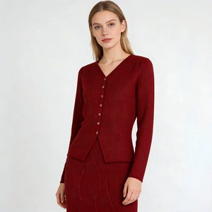Woman wearing a red suit on a white background