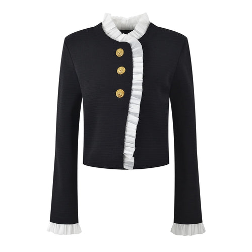 Black jacket with white ruffled trim and gold buttons on a white background