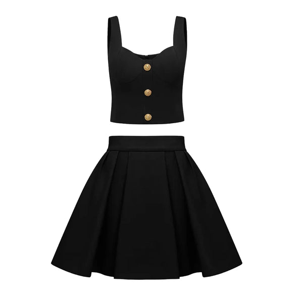 Black sleeveless top with gold buttons and black skirt on a white background