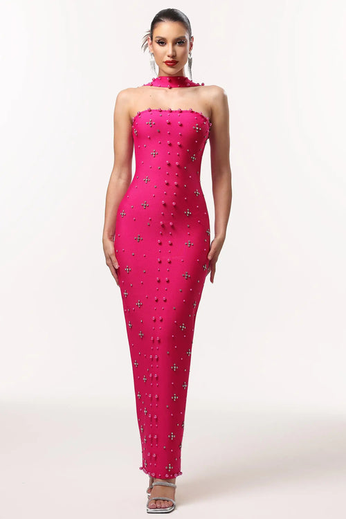 Women Chic INesya Sleeveless Pearl Bandage Rose Pink Maxi Dress Ladies Bodycon Occassion Birthday Cocktail Prom Party Dresses